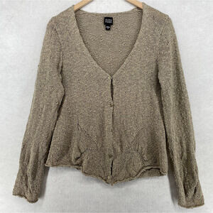 EILEEN FISHER Cardigan M Cotton Nylon Slub Chunky Button Front Long Sleeve Beige